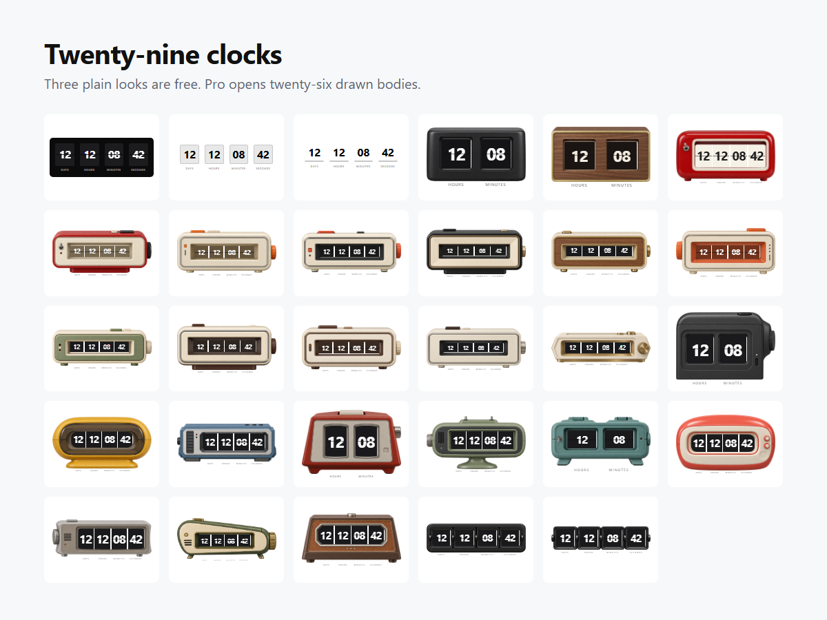 Twenty-nine countdown clocks: three plain looks and twenty-six drawn flip-clock bodies in wood, steel and painted metal.